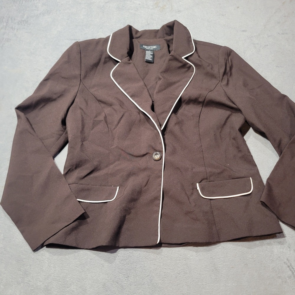Perceptions Blazer Women 12 Brown White Pipr Single Button Stretch Career Office